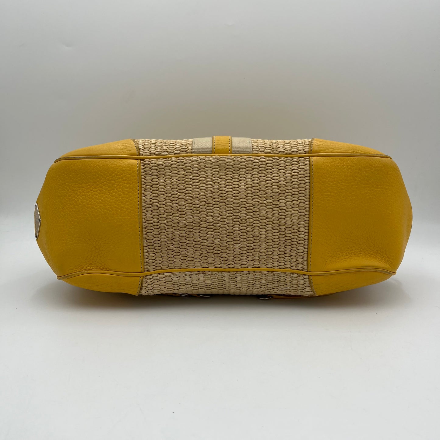 Prada Lizard Trimmed Yellow Leather Raffia Shoulder Bag