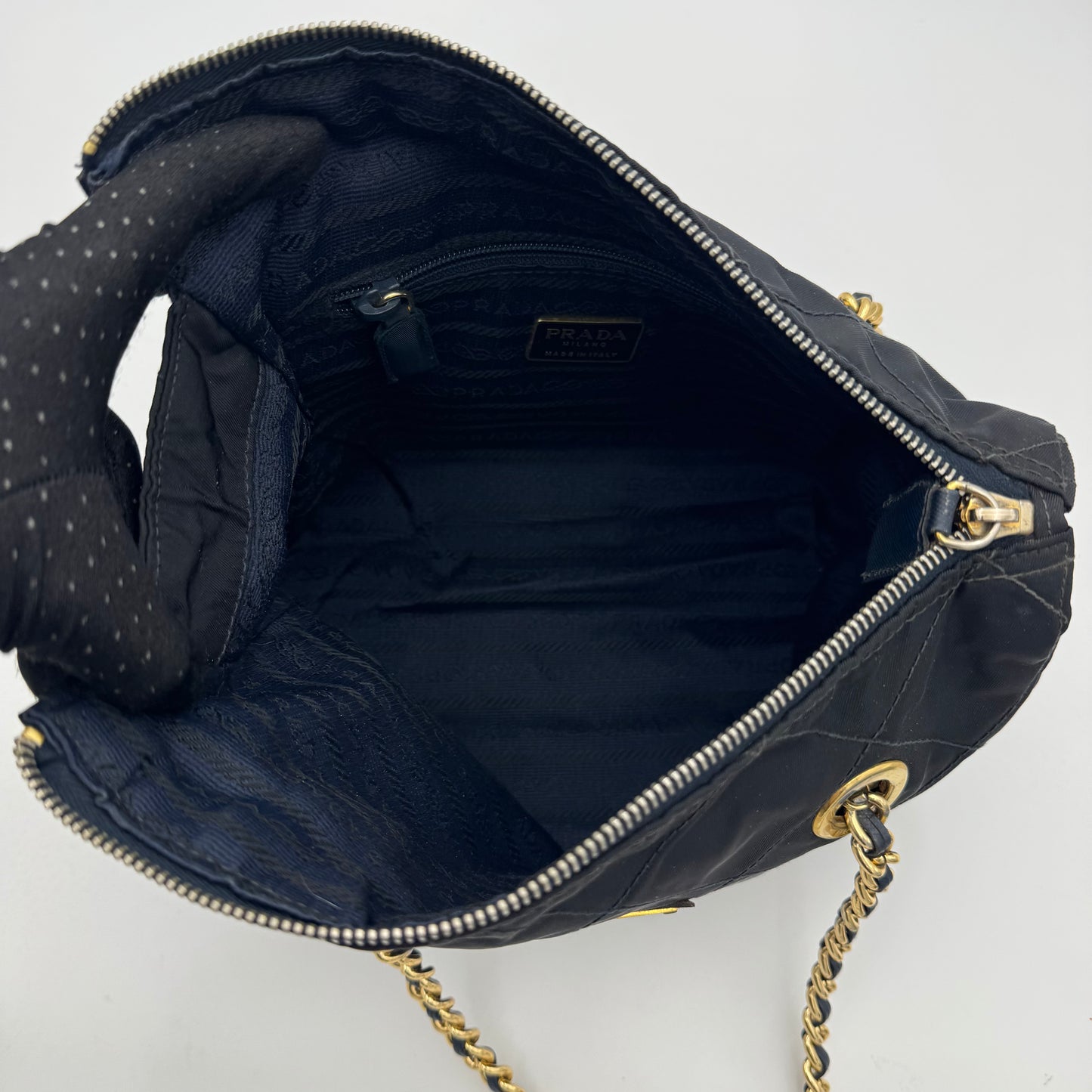 Prada Dark Blue Quilted Nylon Zip Chain Bag GHW