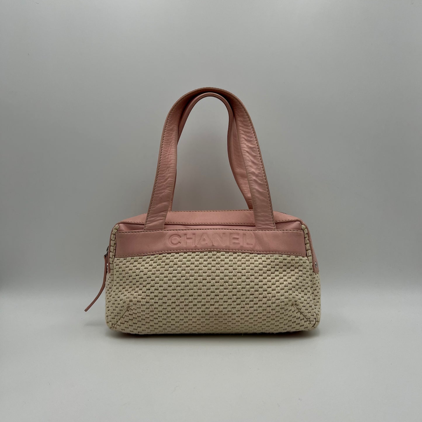 Chanel 2005 LAX Pink Lambskin Beige Crochet Bowler Bag