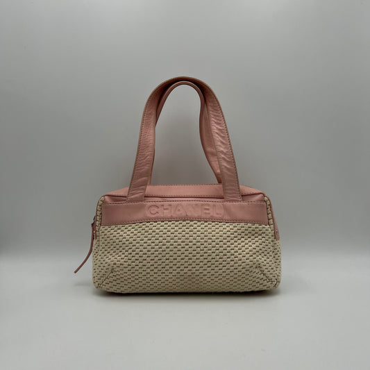 Chanel 2005 LAX Pink Lambskin Beige Crochet Bowler Bag