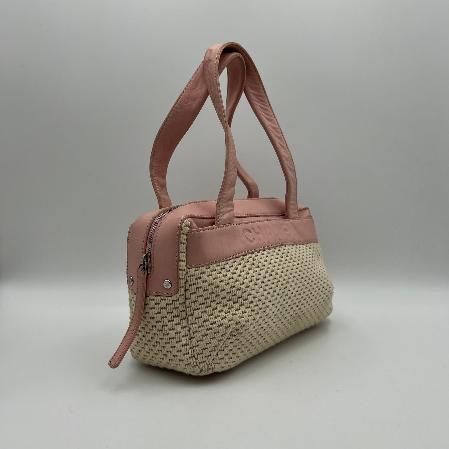 Chanel 2005 LAX Pink Lambskin Beige Crochet Bowler Bag