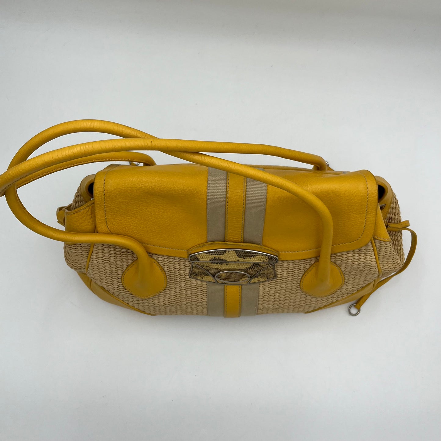 Prada Lizard Trimmed Yellow Leather Raffia Shoulder Bag