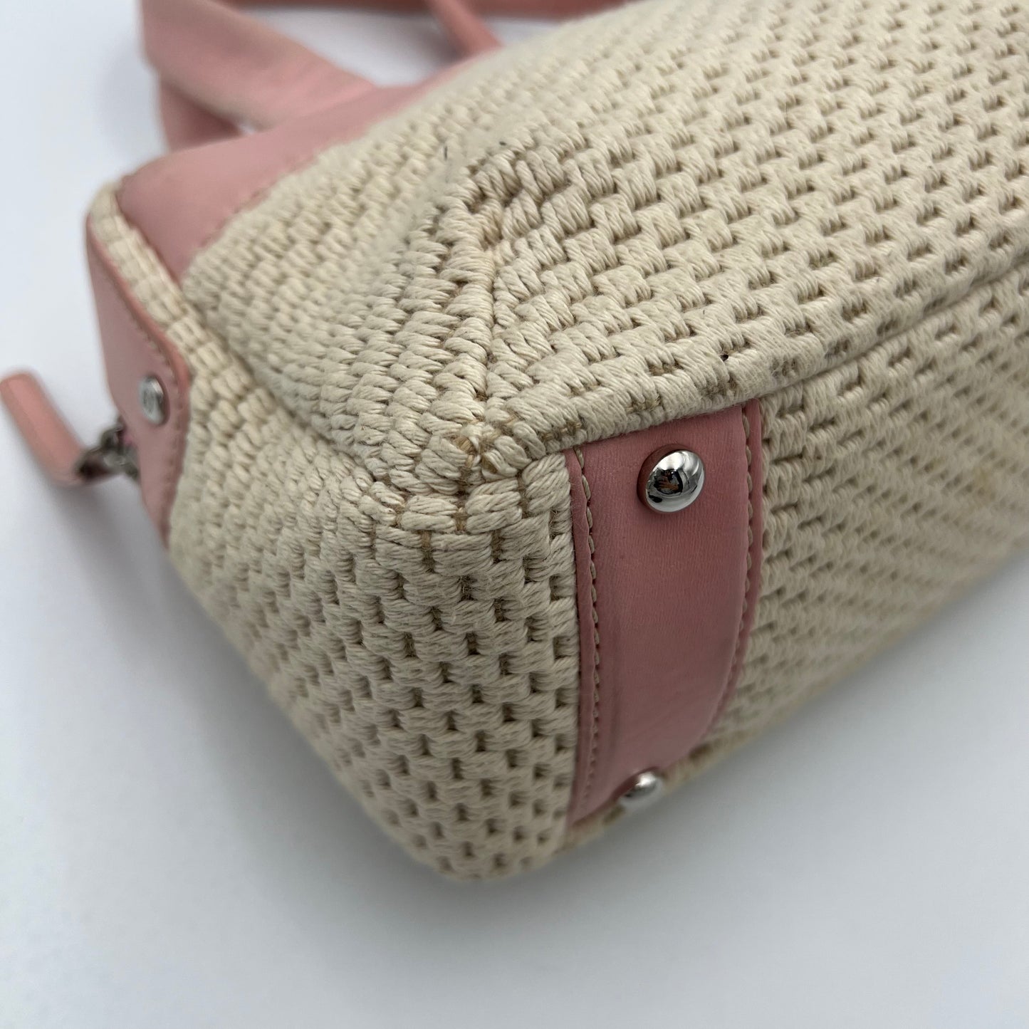 Chanel 2005 LAX Pink Lambskin Beige Crochet Bowler Bag