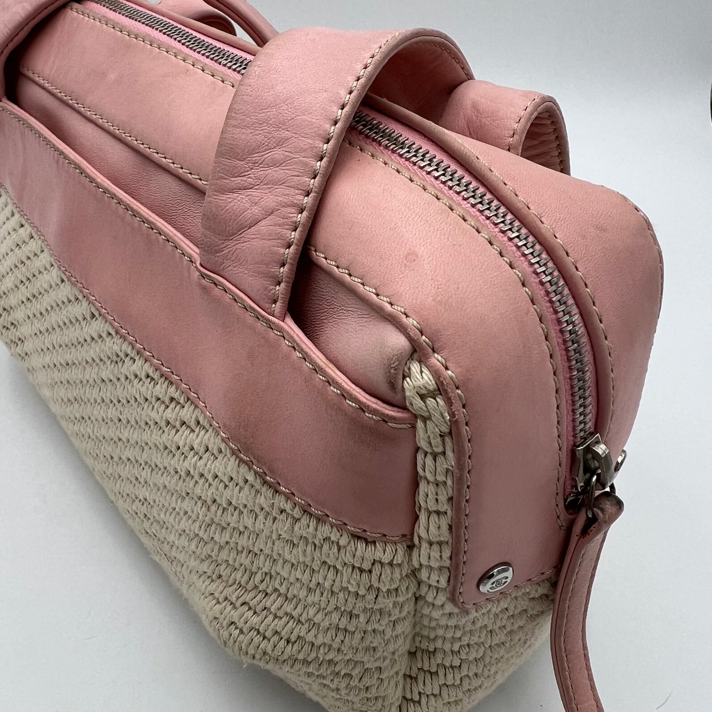 Chanel 2005 LAX Pink Lambskin Beige Crochet Bowler Bag