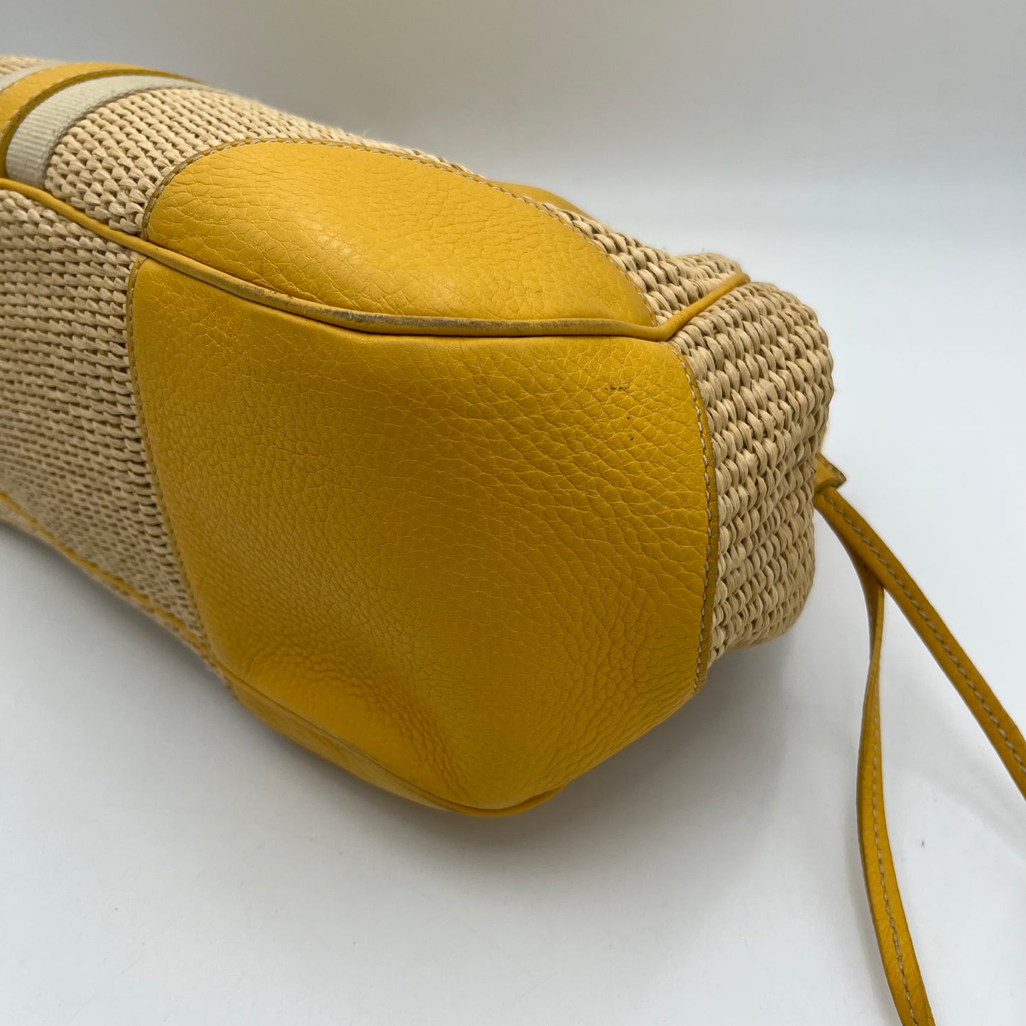 Prada Lizard Trimmed Yellow Leather Raffia Shoulder Bag