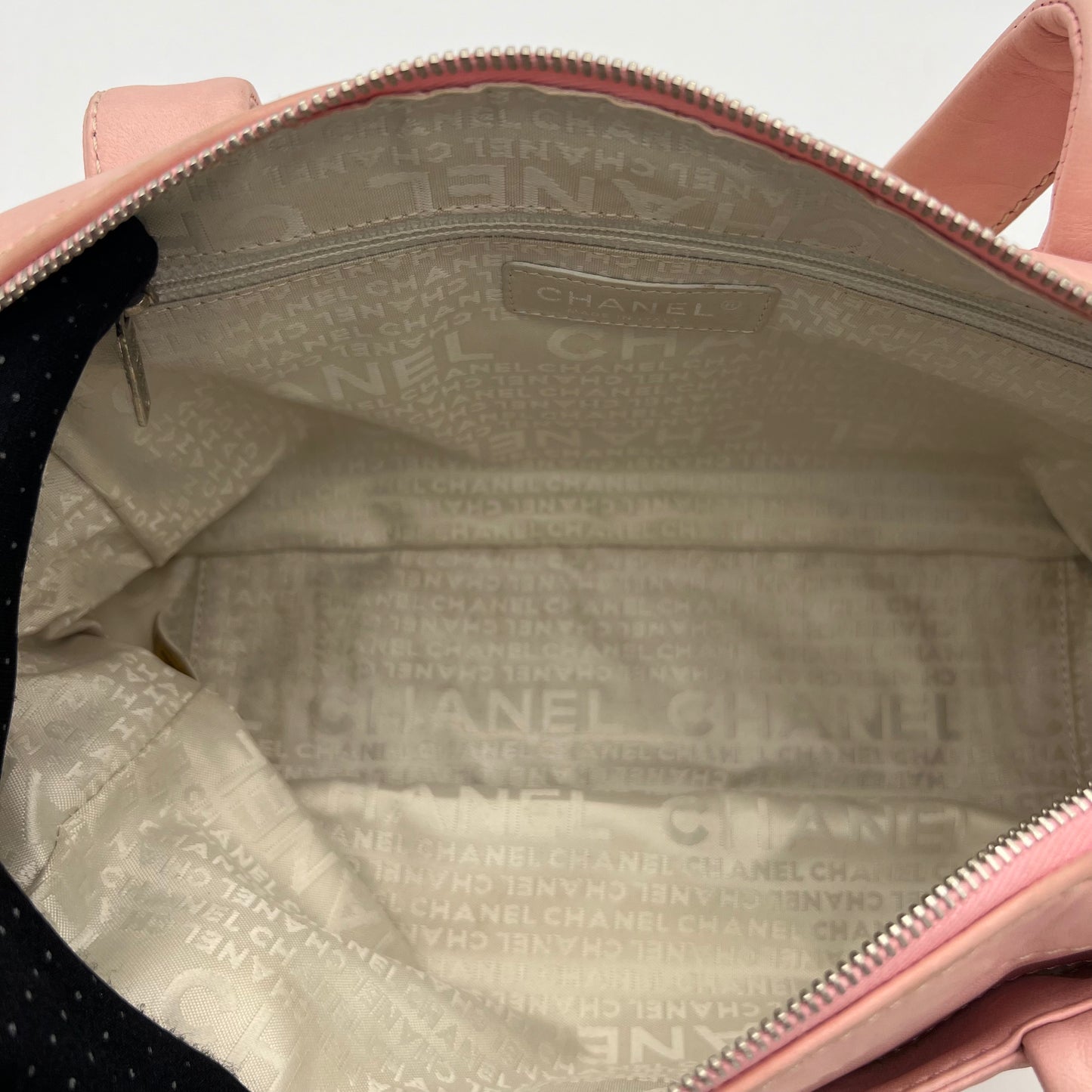Chanel 2005 LAX Pink Lambskin Beige Crochet Bowler Bag