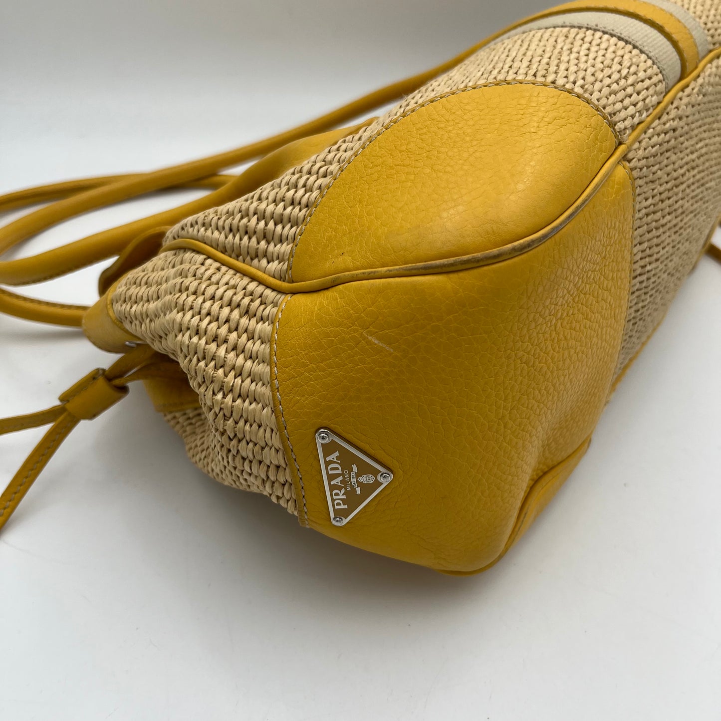 Prada Lizard Trimmed Yellow Leather Raffia Shoulder Bag