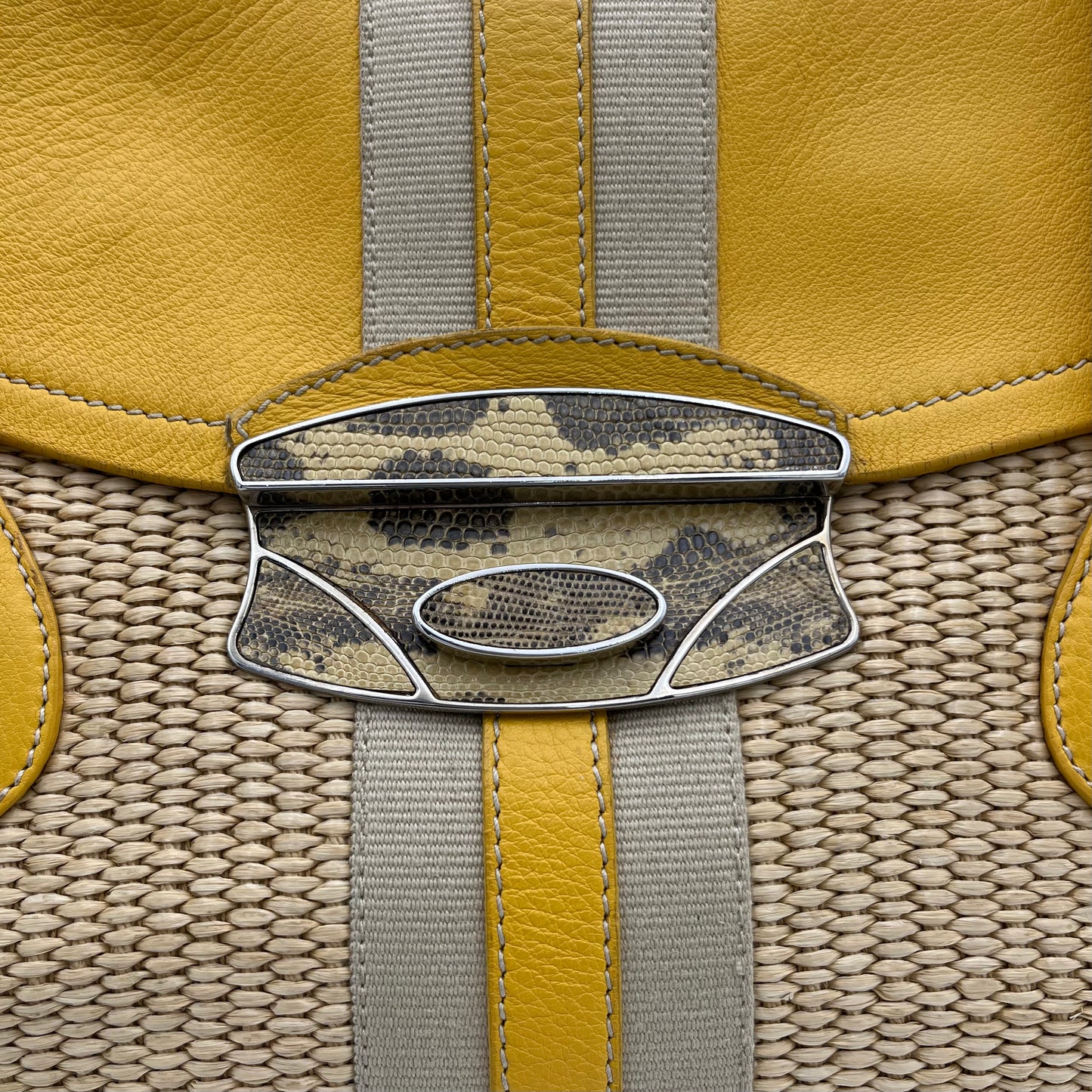 Prada Lizard Trimmed Yellow Leather Raffia Shoulder Bag