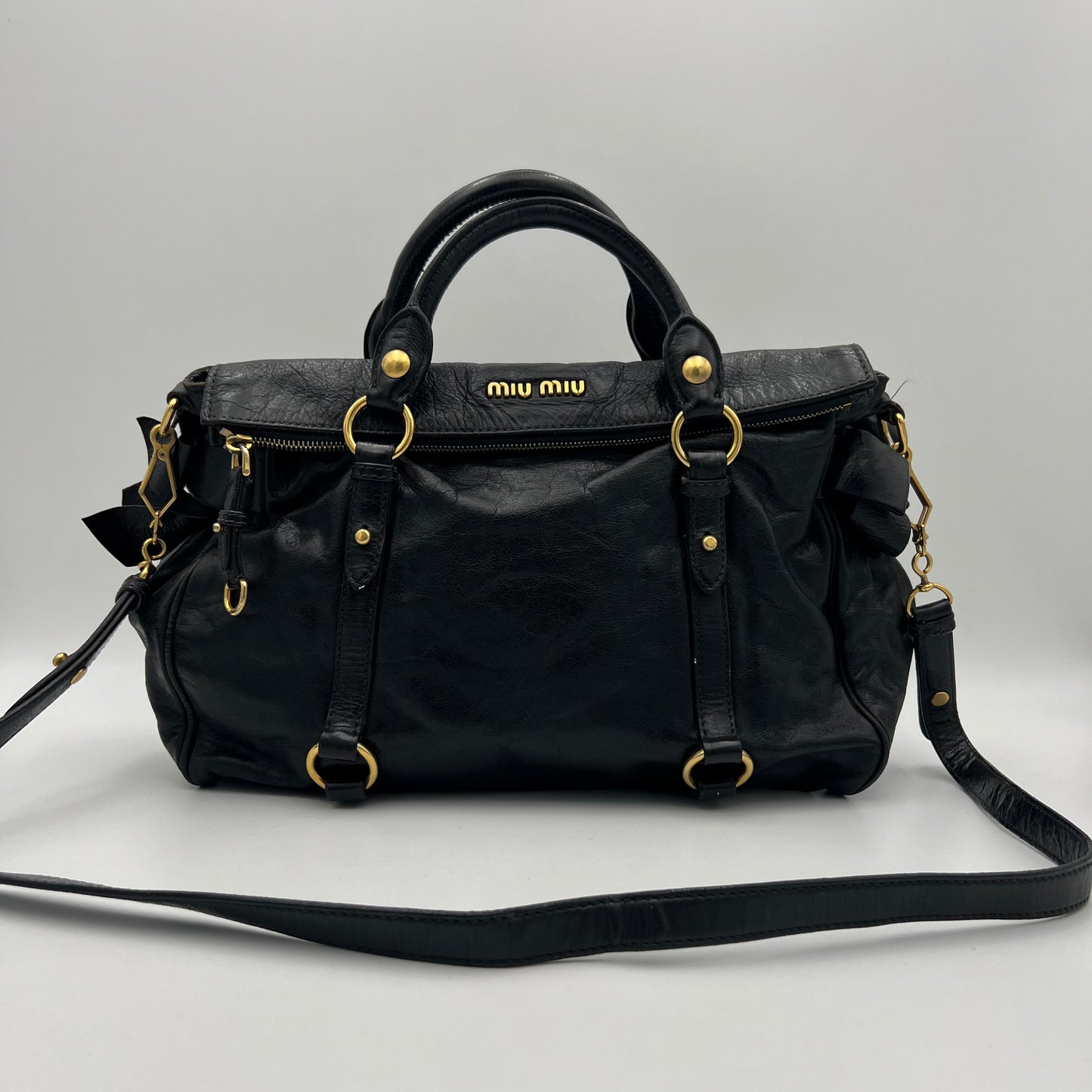 Miu Miu Black Lux Vitello Bow Satchel Bag