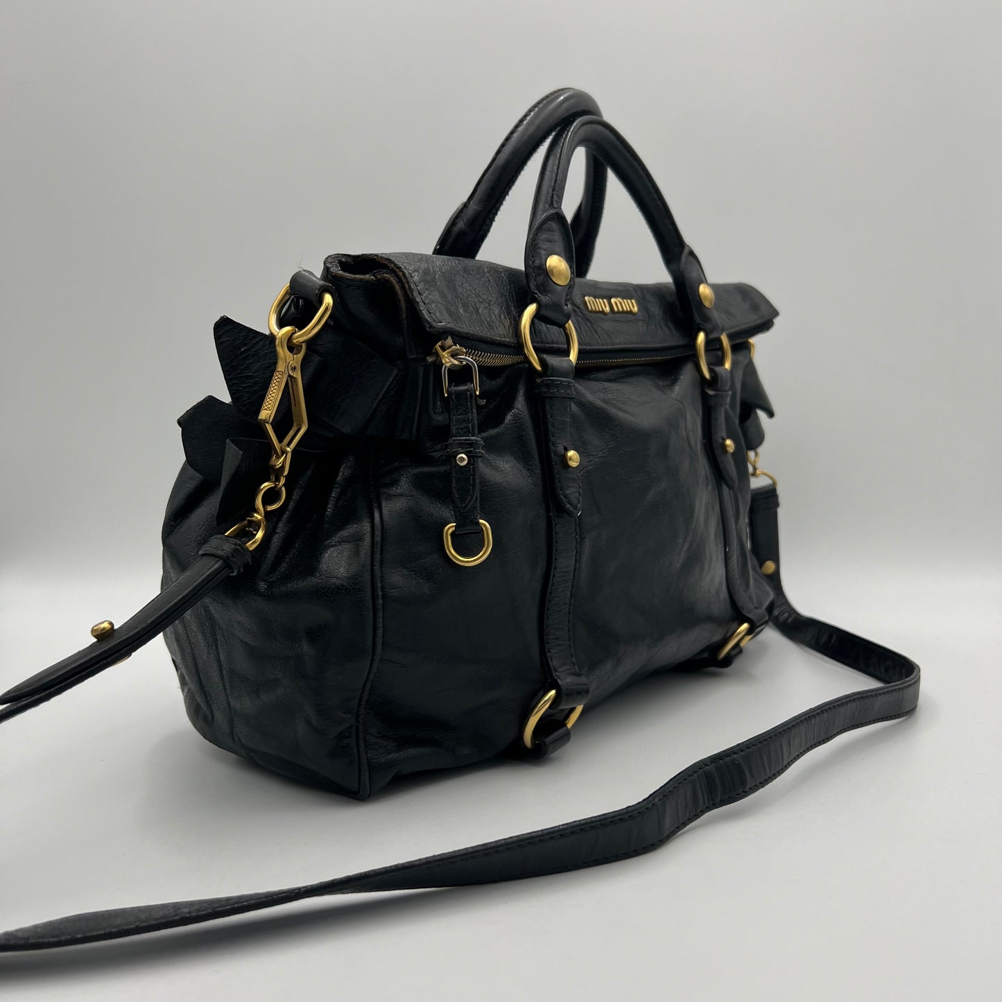 Miu Miu Black Lux Vitello Bow Satchel Bag