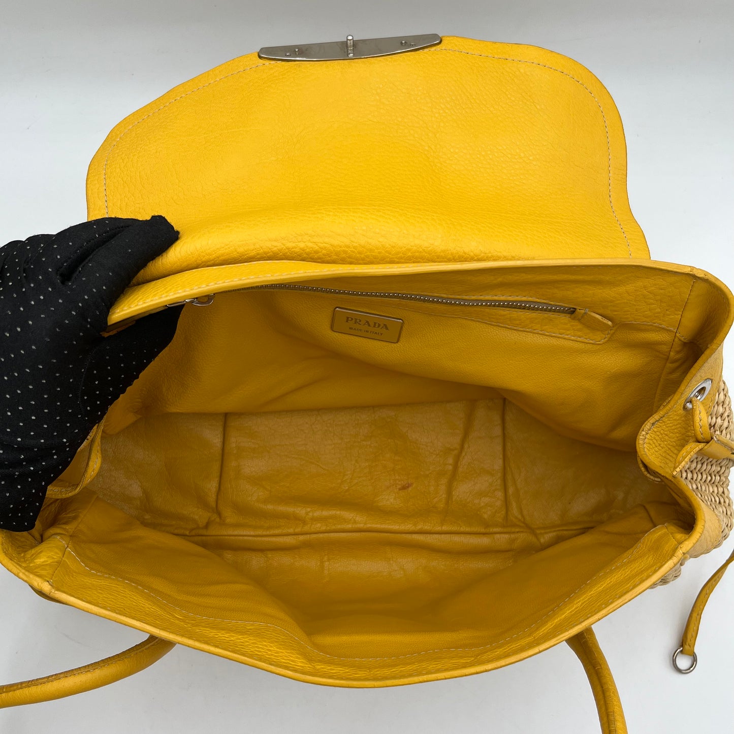 Prada Lizard Trimmed Yellow Leather Raffia Shoulder Bag