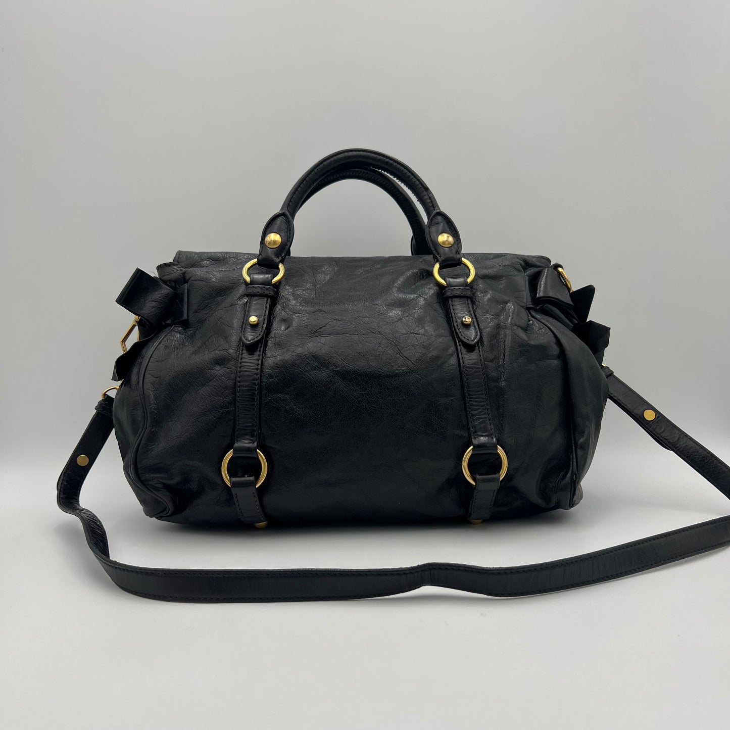 Miu Miu Black Lux Vitello Bow Satchel Bag
