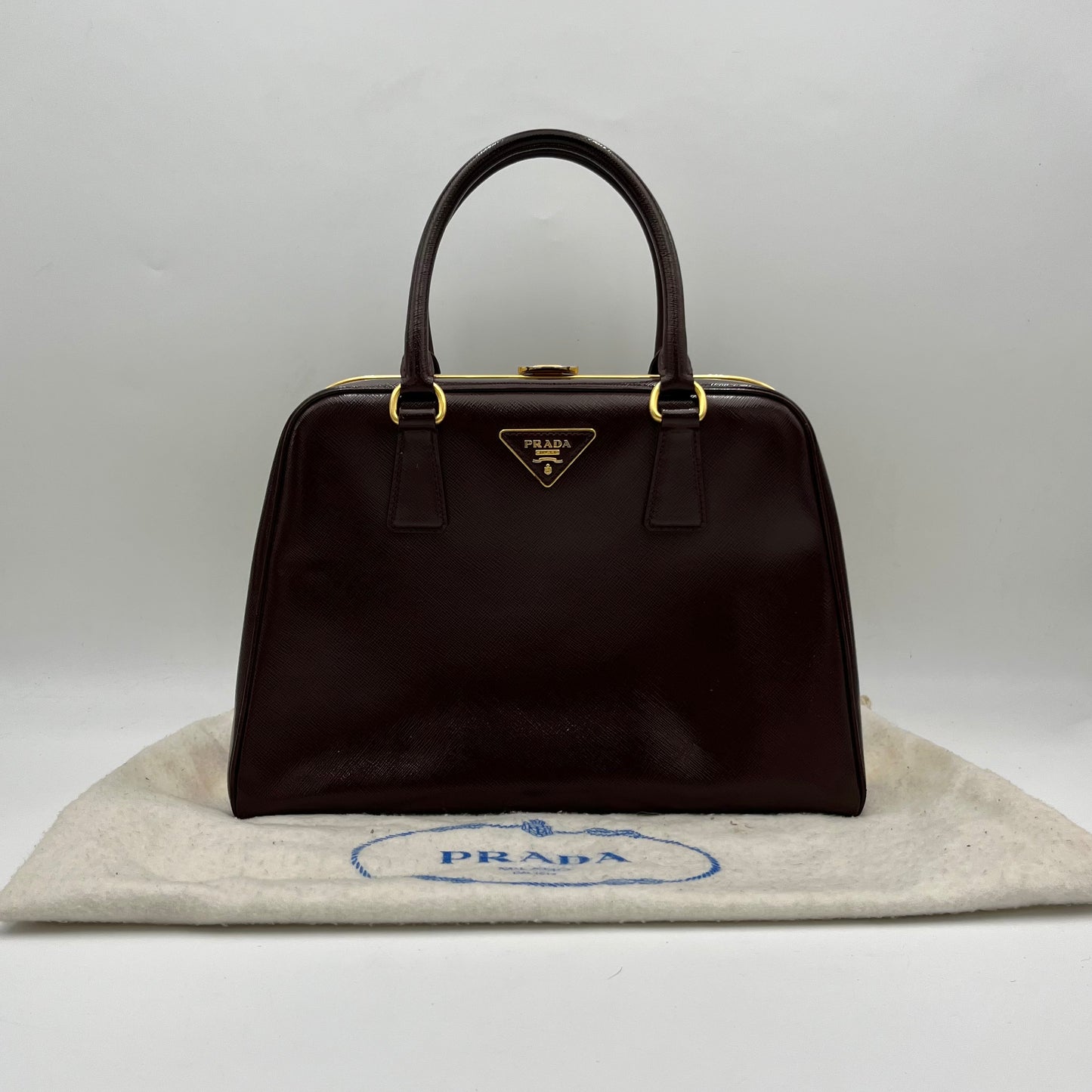 Prada Burgundy Saffiano Vernice Pyramid Frame Handbag