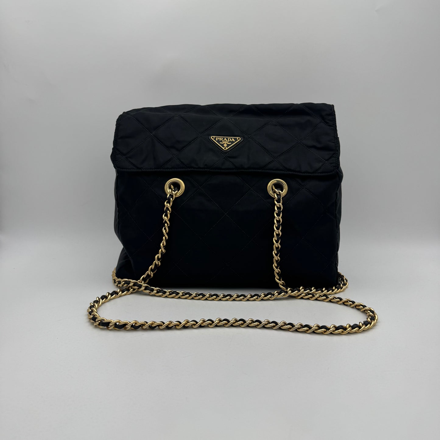 Prada Black Quilted Nylon Large Flap Chain Bag GHW