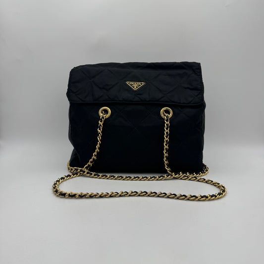 Prada Black Quilted Nylon Large Flap Chain Bag GHW