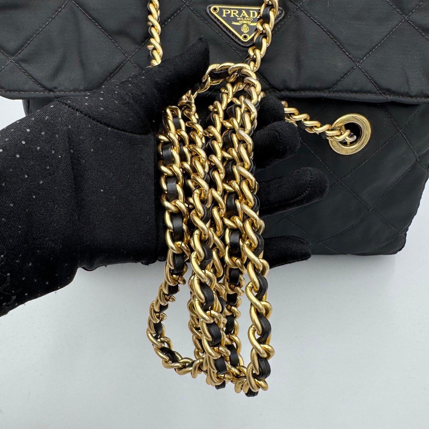 Prada Black Quilted Nylon Large Flap Chain Bag GHW