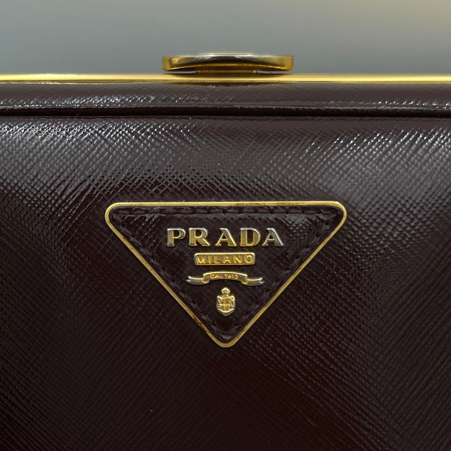 Prada Burgundy Saffiano Vernice Pyramid Frame Handbag