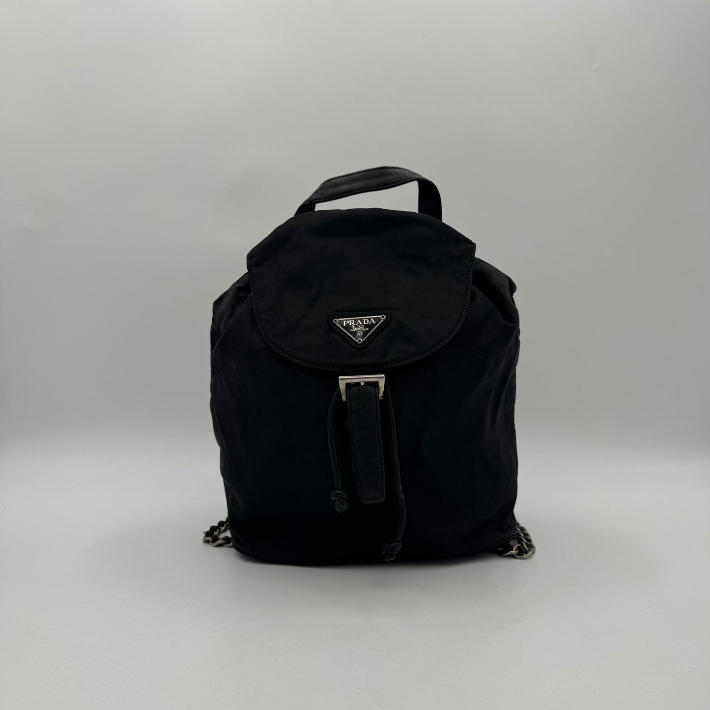 Prada Black Nylon and Leather Flap Chain Backpack SHW
