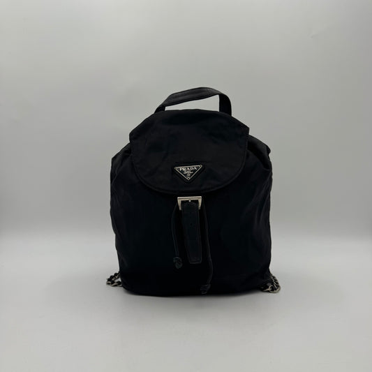 Prada Black Nylon and Leather Flap Chain Backpack SHW