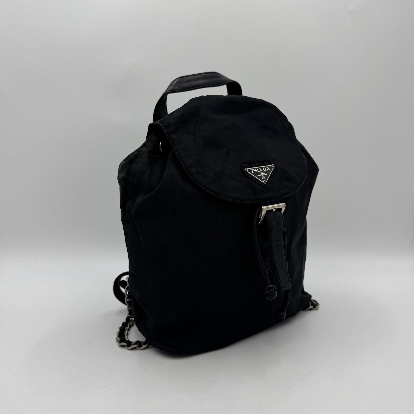 Prada Black Nylon and Leather Flap Chain Backpack SHW
