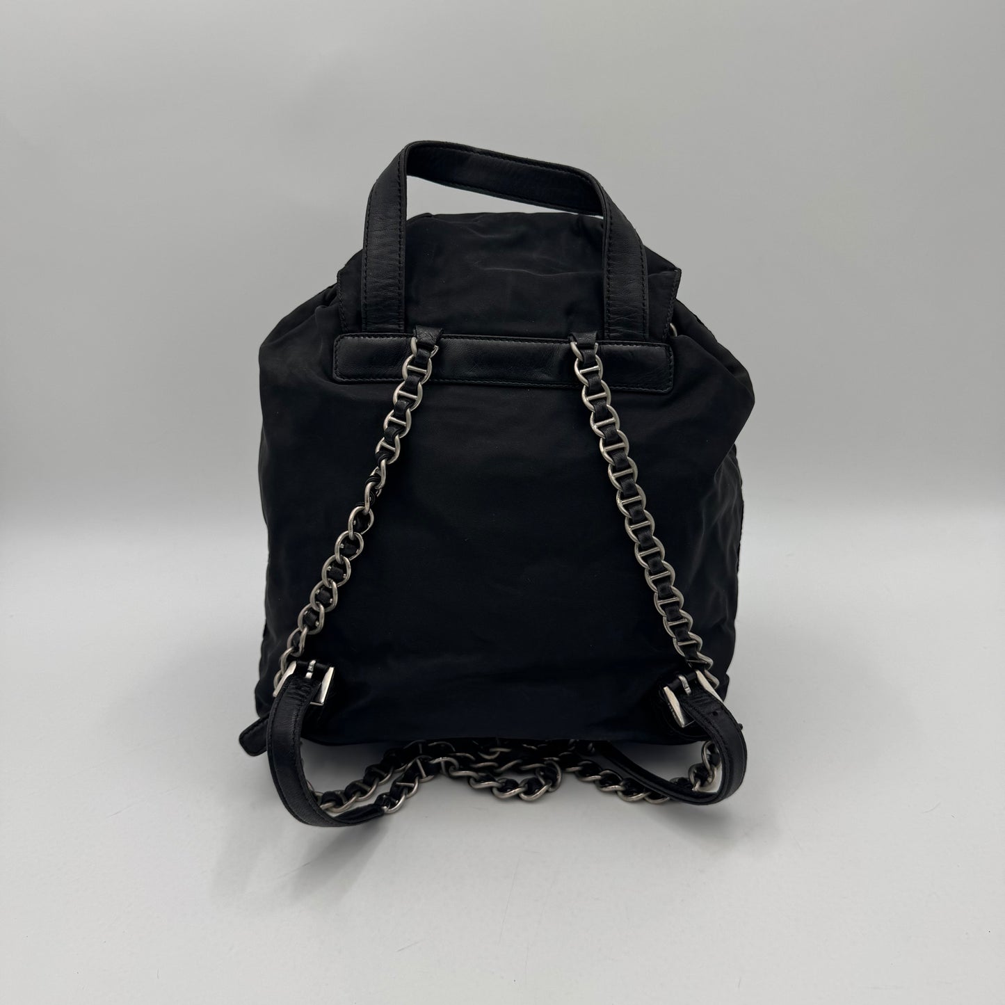 Prada Black Nylon and Leather Flap Chain Backpack SHW