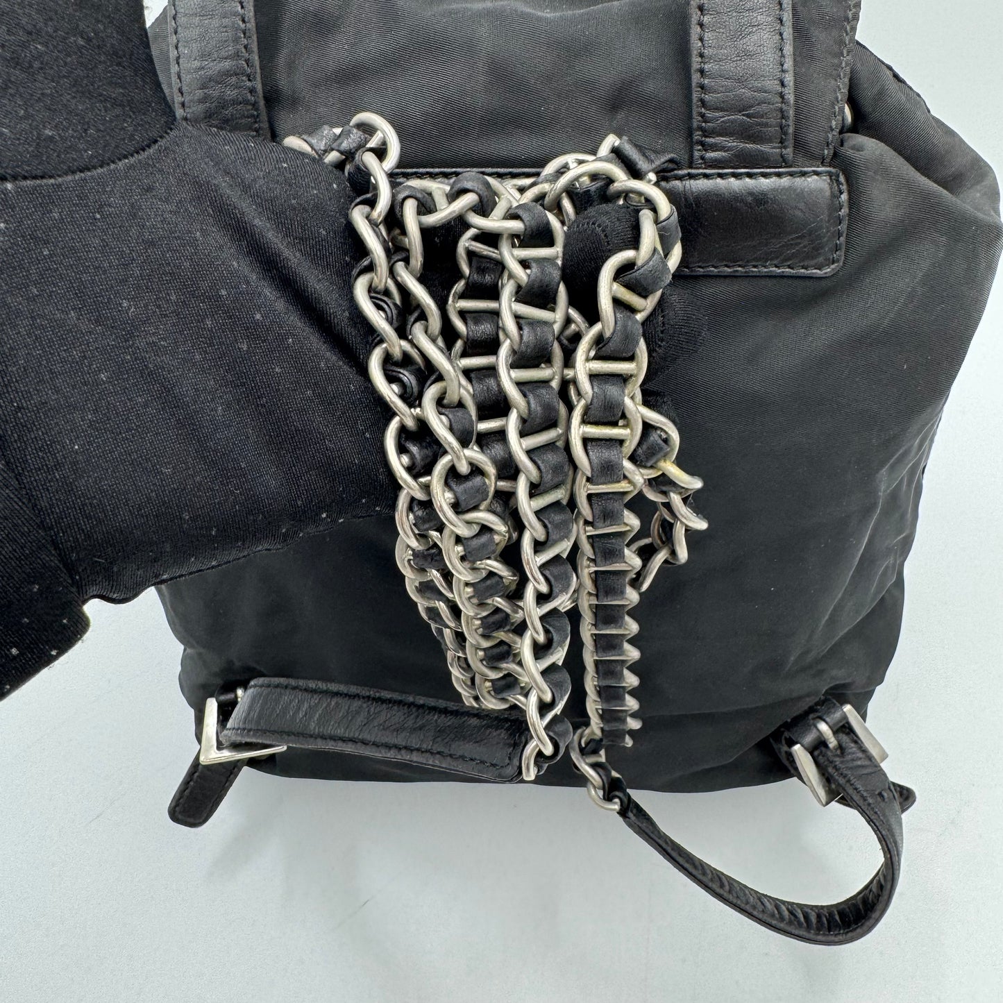 Prada Black Nylon and Leather Flap Chain Backpack SHW
