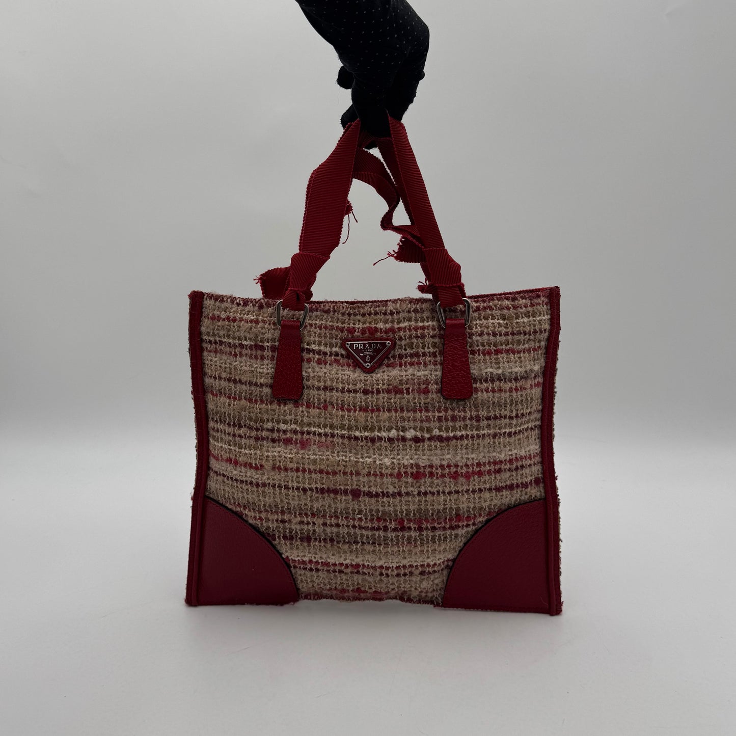 Prada Cherry Red Leather and Tweed Mini Tote
