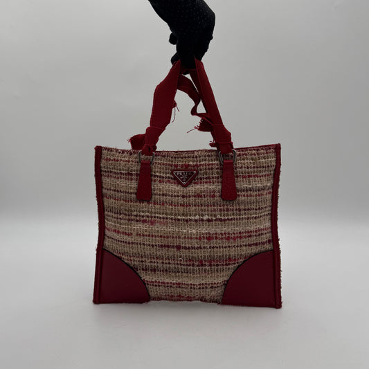 Prada Cherry Red Leather and Tweed Mini Tote