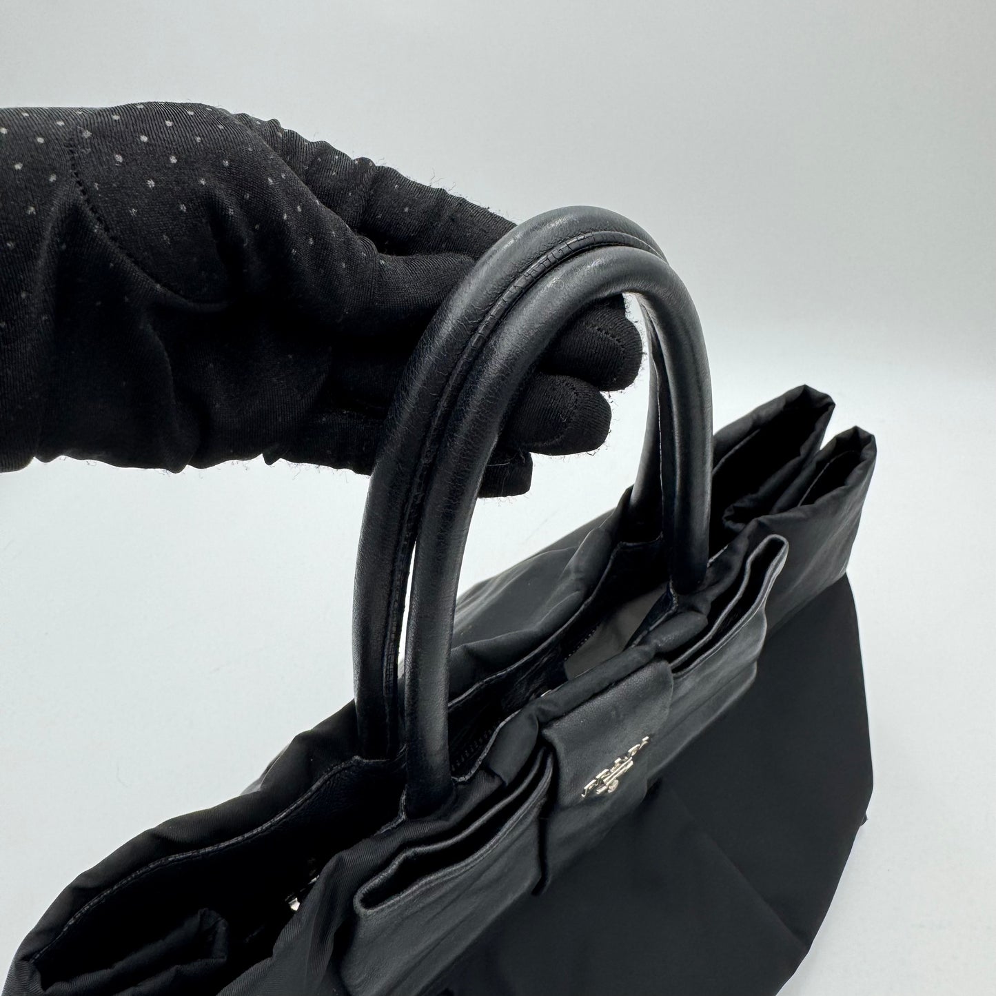 Prada Black Nylon and Leather Bow Tote SHW