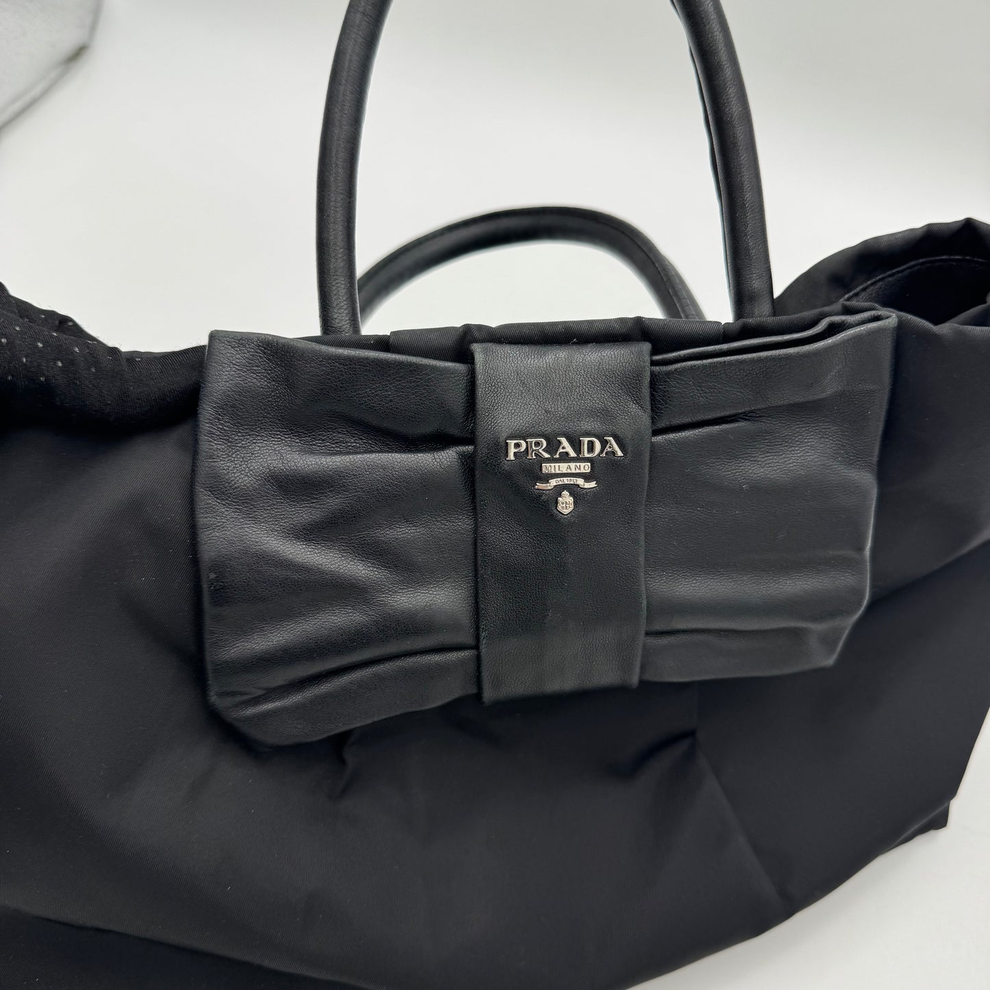 Prada Black Nylon and Leather Bow Tote SHW