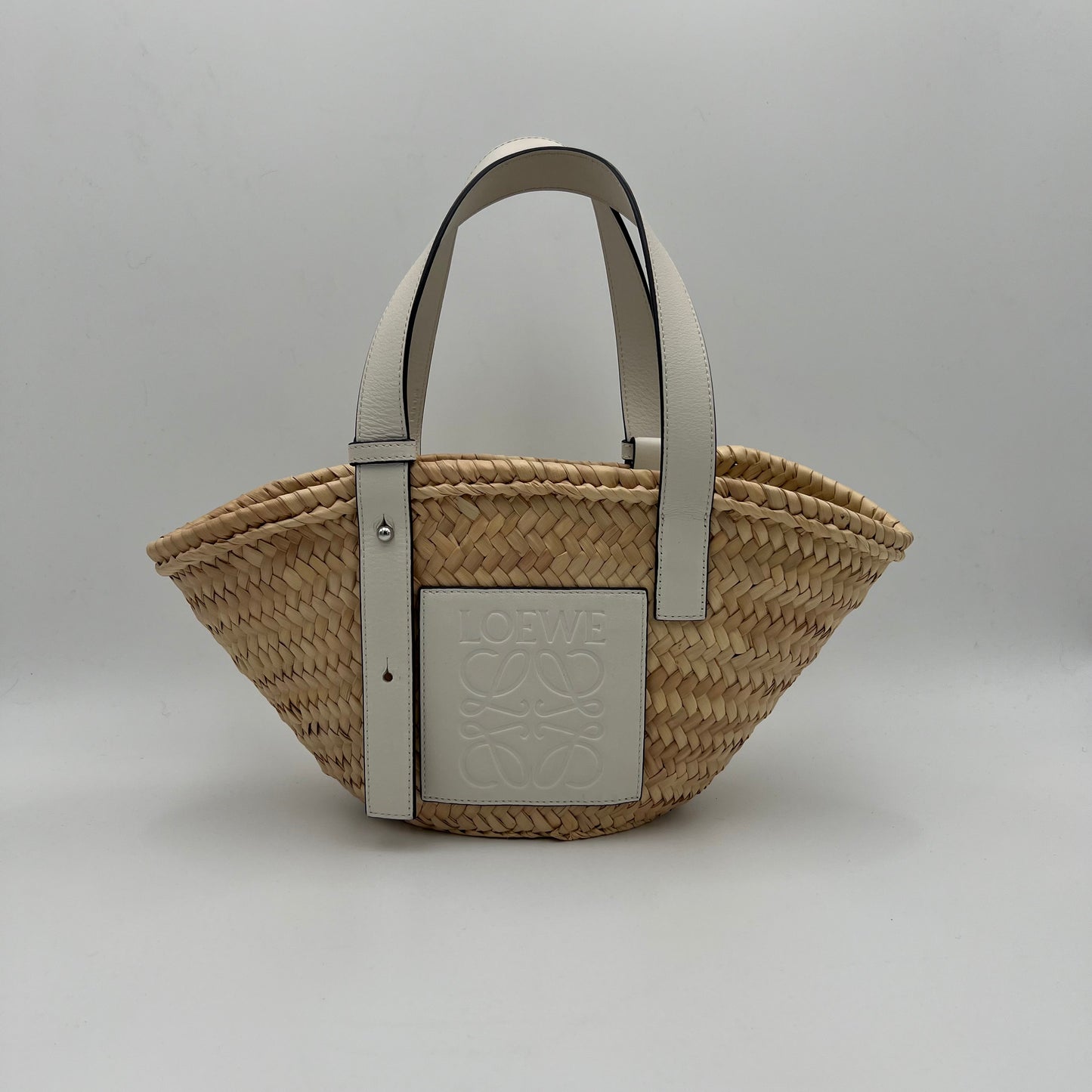 Loewe White Leather Raffia Small Basket Bag