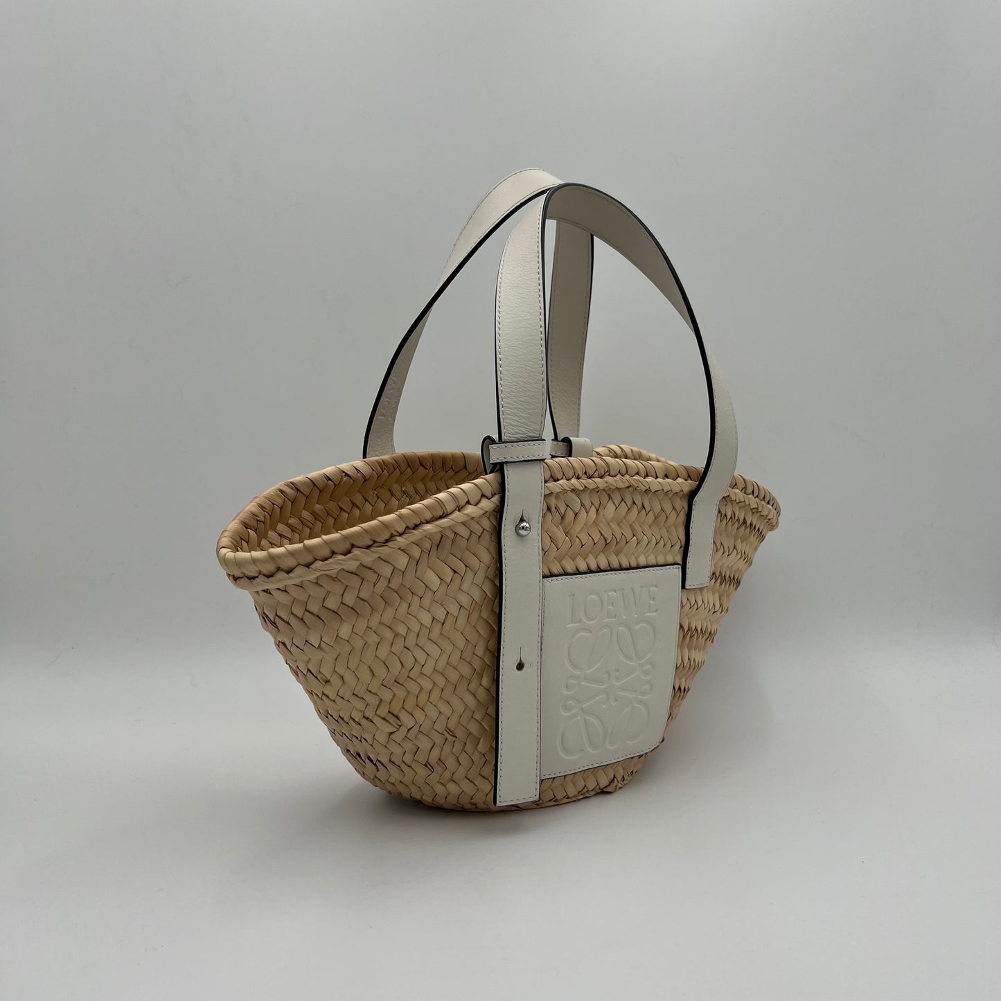 Loewe White Leather Raffia Small Basket Bag