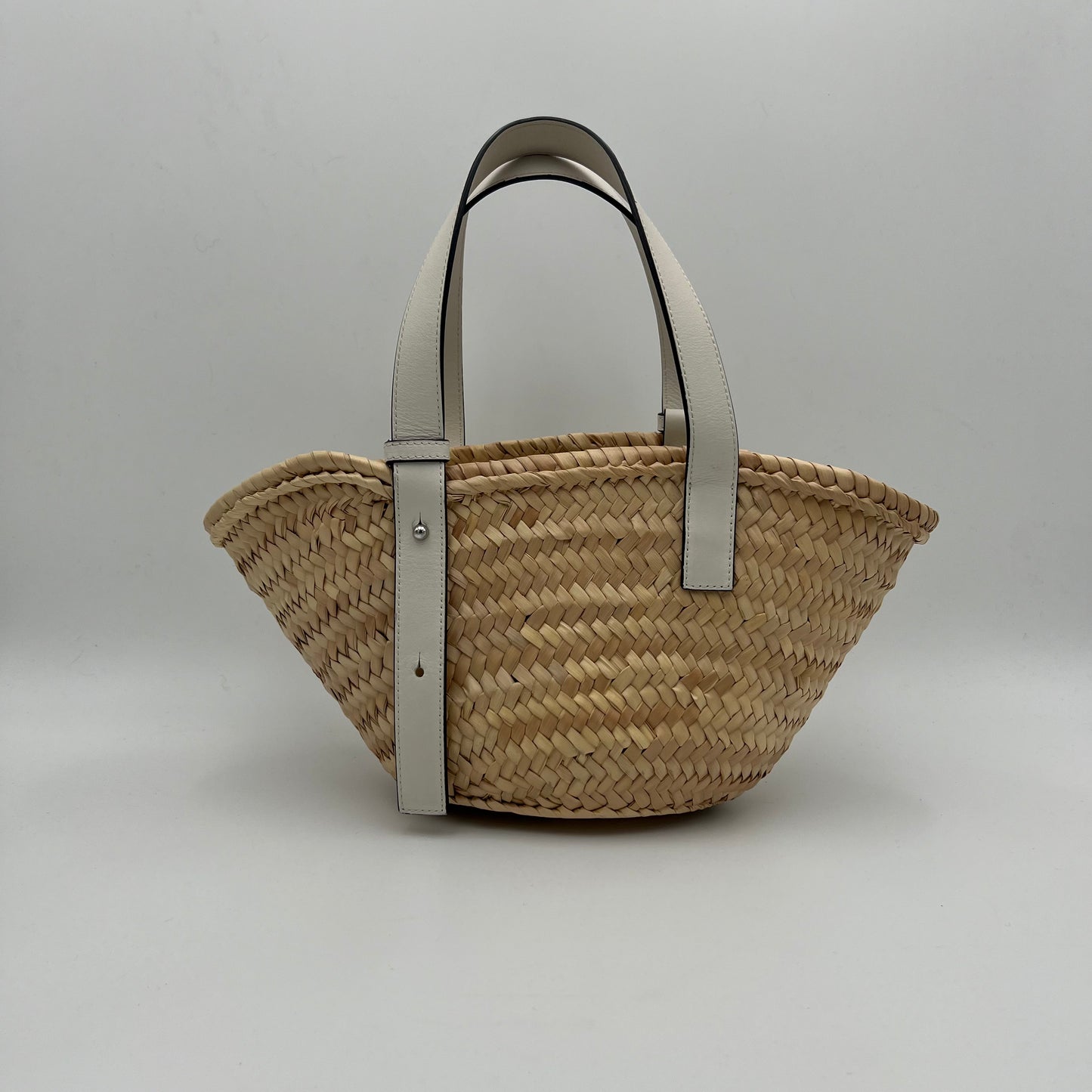 Loewe White Leather Raffia Small Basket Bag