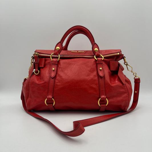 Miu Miu Red Vitello Lux Leather Bow Two-Way Satchel