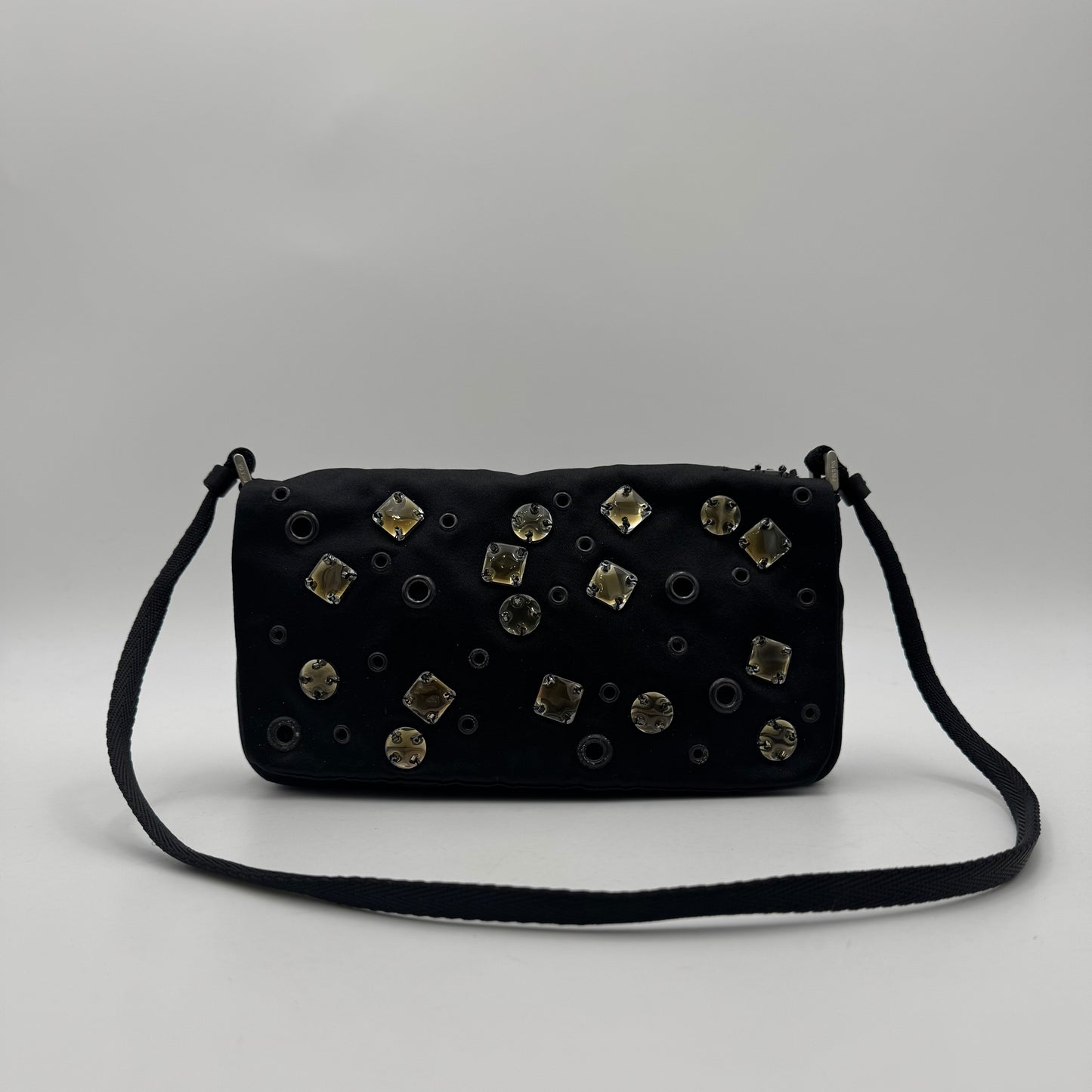 Prada Black Silk Eyelet and Jewel Embellished Flap Shoulder Bag