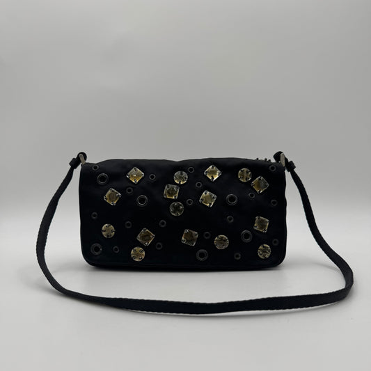 Prada Black Silk Eyelet and Jewel Embellished Flap Shoulder Bag