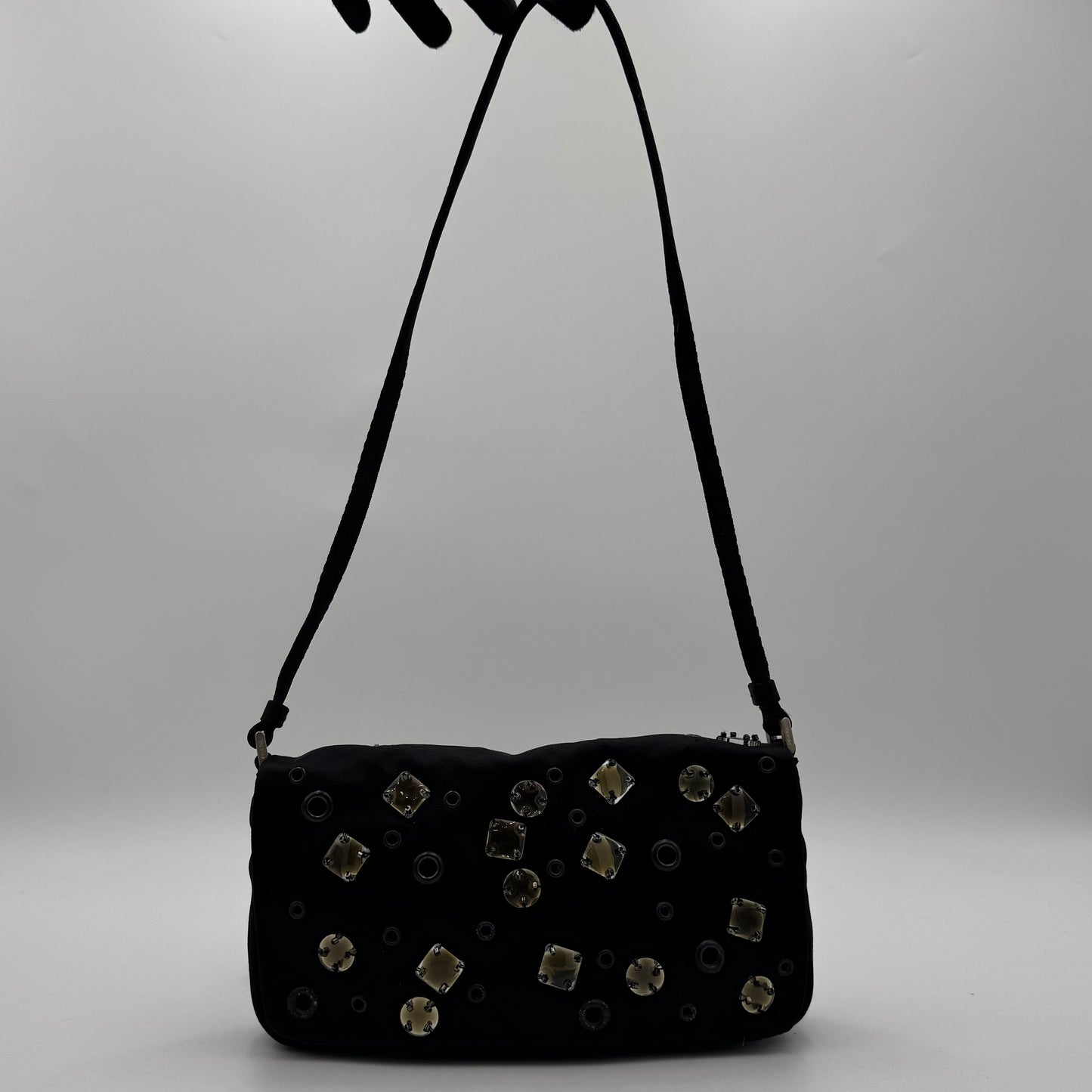 Prada Black Silk Eyelet and Jewel Embellished Flap Shoulder Bag