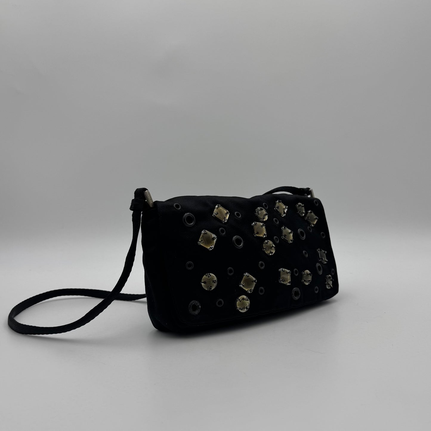Prada Black Silk Eyelet and Jewel Embellished Flap Shoulder Bag