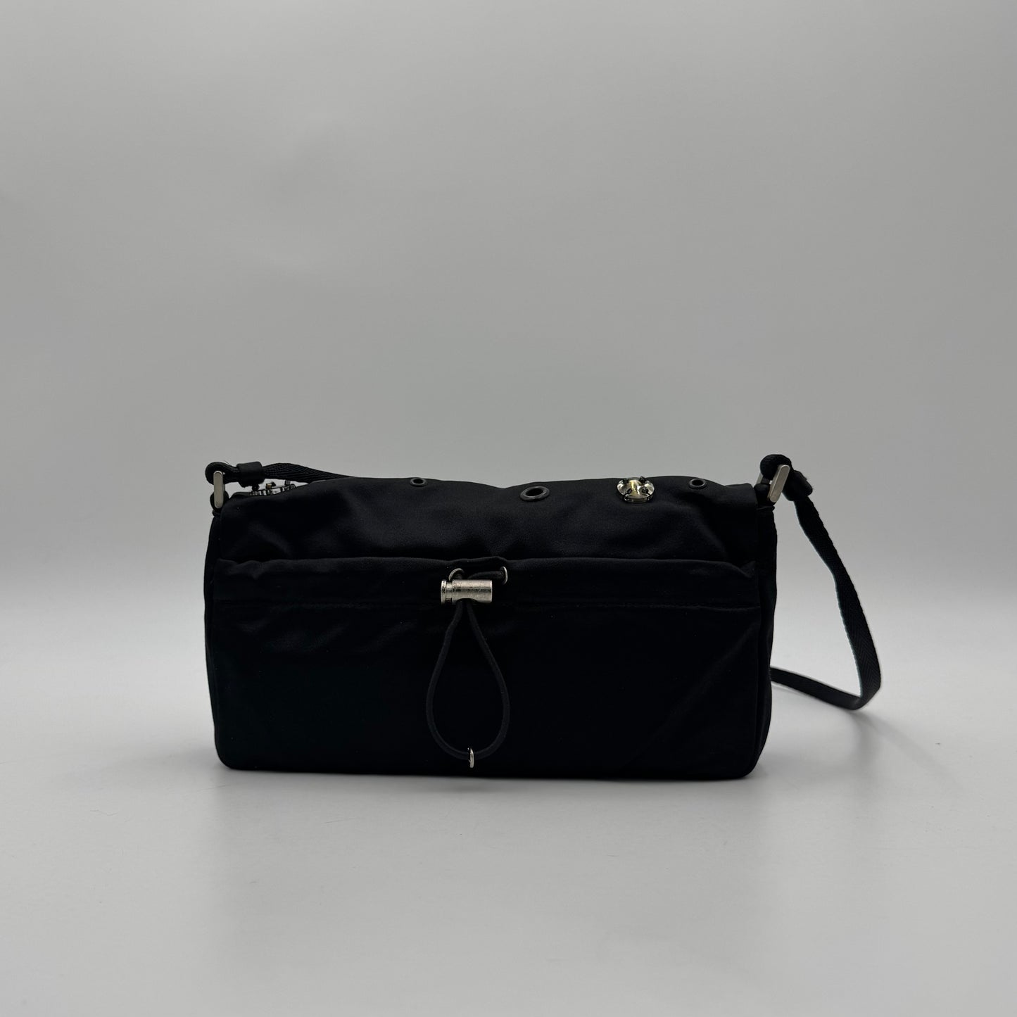 Prada Black Silk Eyelet and Jewel Embellished Flap Shoulder Bag