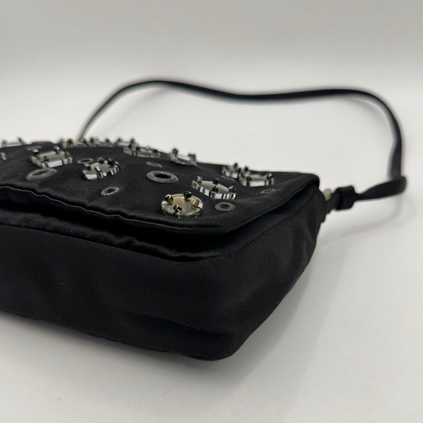 Prada Black Silk Eyelet and Jewel Embellished Flap Shoulder Bag