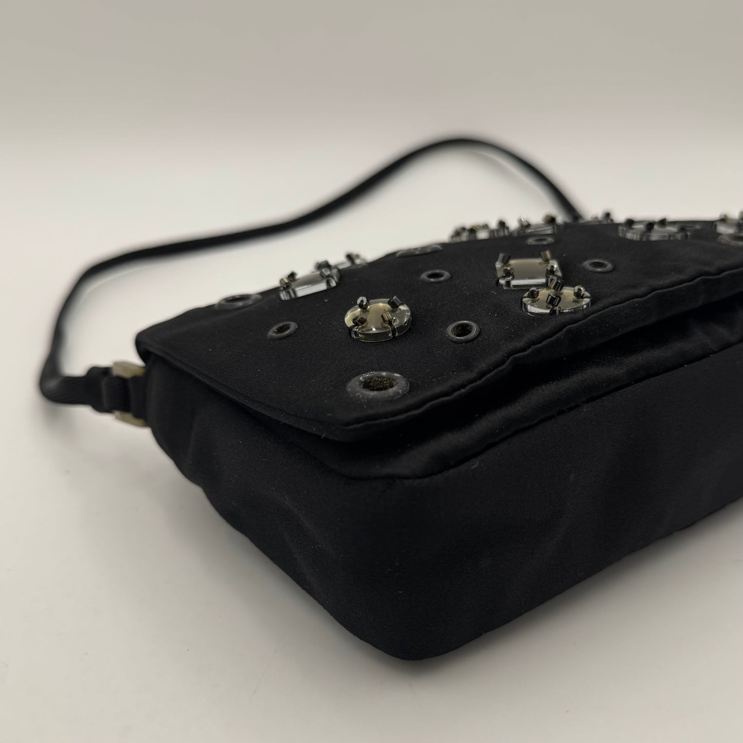 Prada Black Silk Eyelet and Jewel Embellished Flap Shoulder Bag