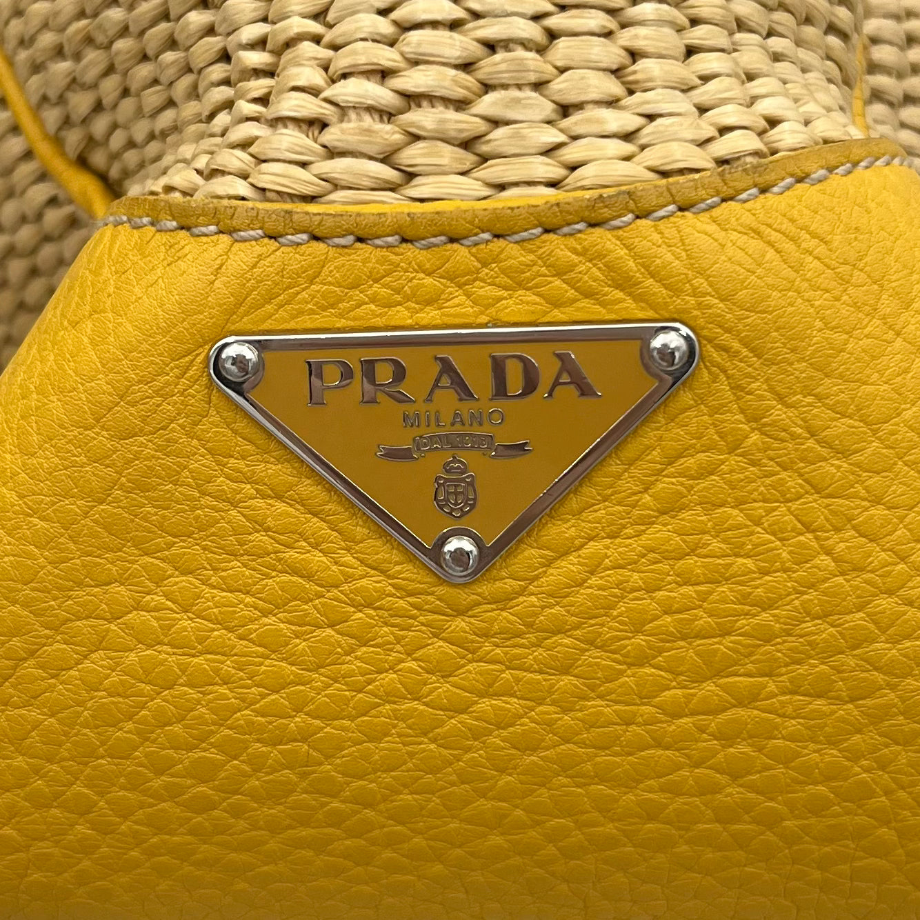 Prada Lizard Trimmed Yellow Leather Raffia Shoulder Bag