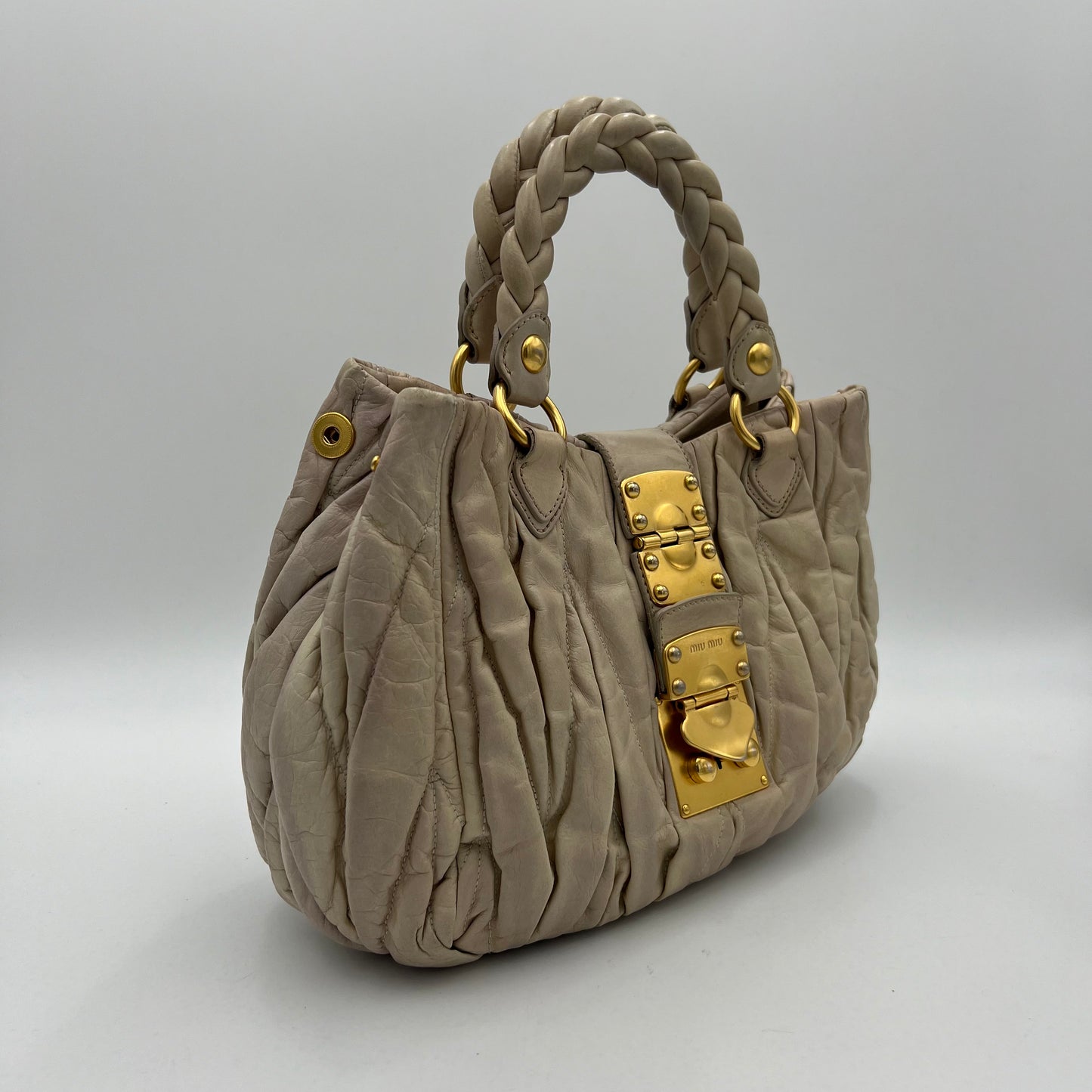 Miu Miu Off White Matelasse Leather Braided Handle Satchel