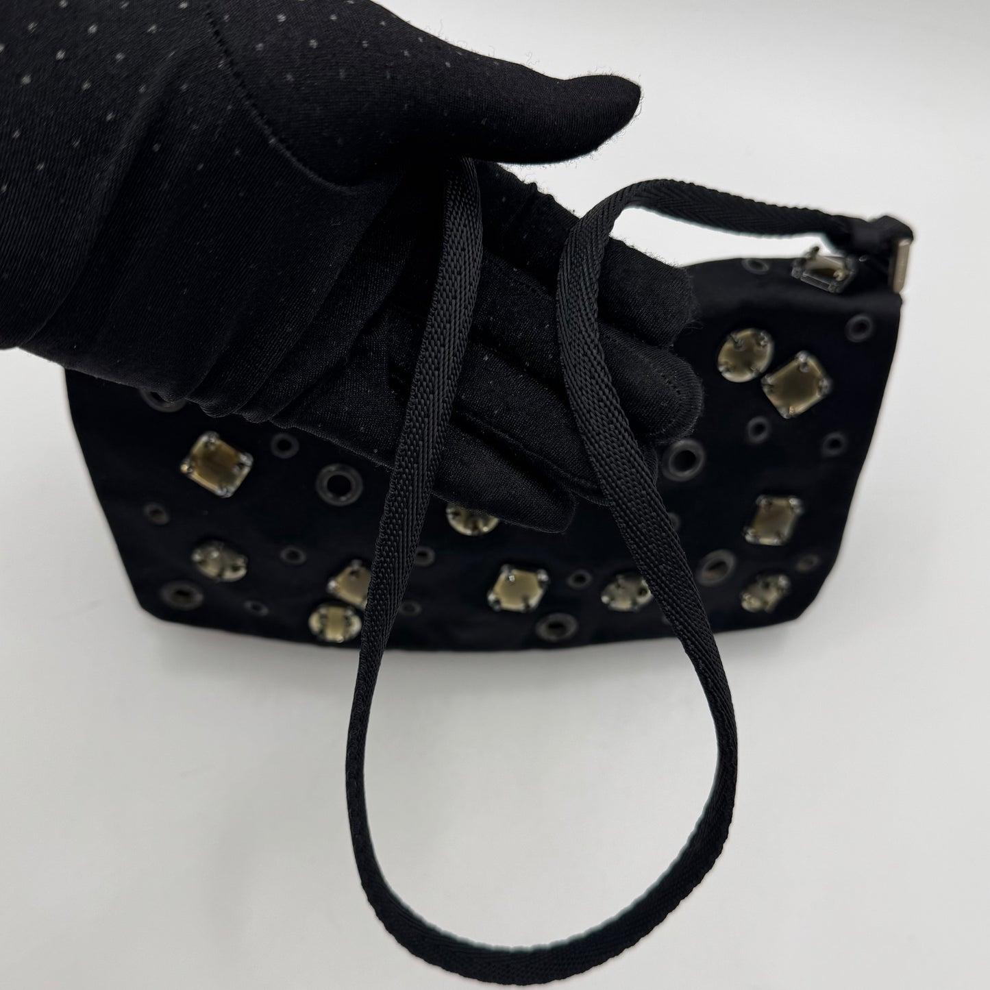 Prada Black Silk Eyelet and Jewel Embellished Flap Shoulder Bag