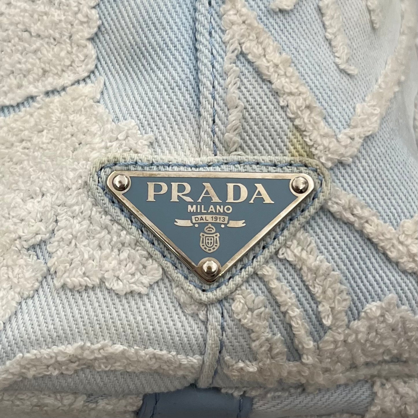 Prada Blue Embroidered Drill Tote with Sling