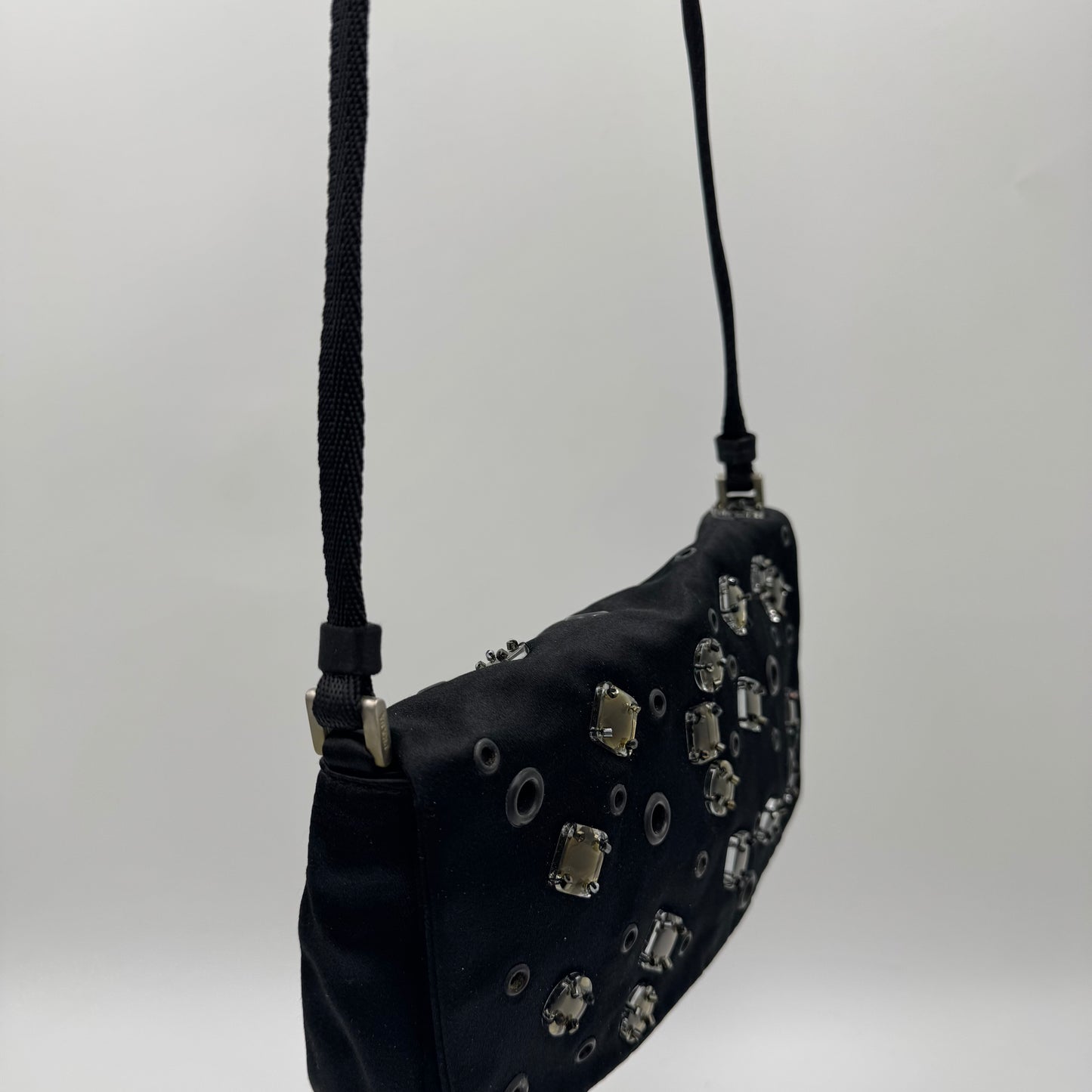 Prada Black Silk Eyelet and Jewel Embellished Flap Shoulder Bag