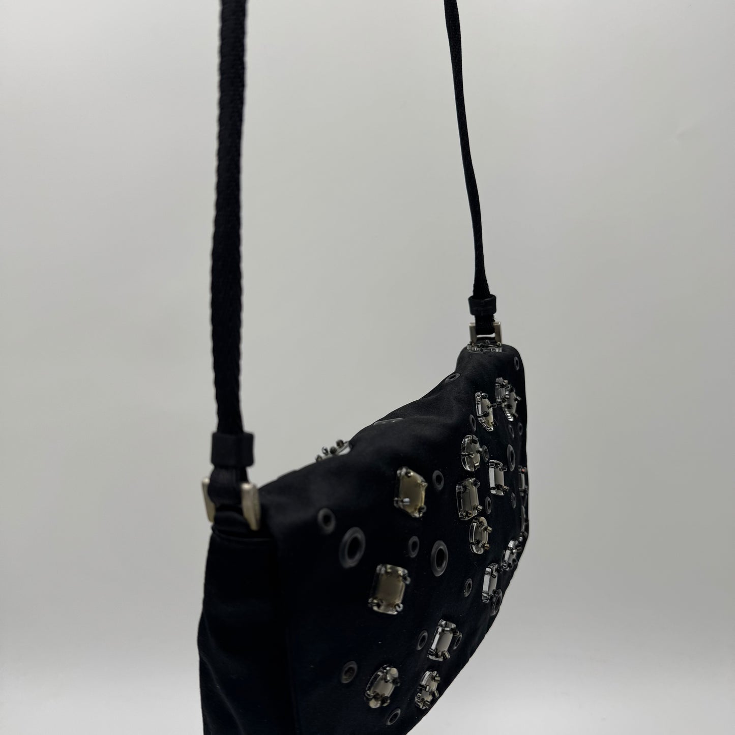 Prada Black Silk Eyelet and Jewel Embellished Flap Shoulder Bag