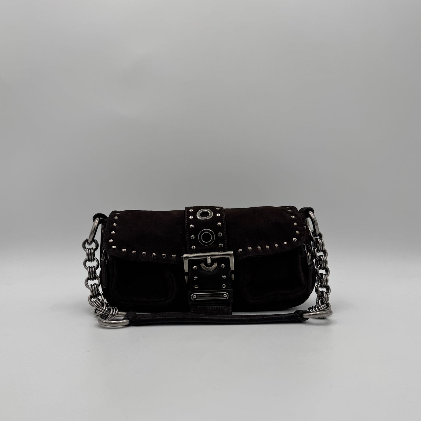 Prada Dark Brown Suede Studded Sidonie Flap Baguette