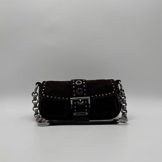 Prada Dark Brown Suede Studded Sidonie Flap Baguette