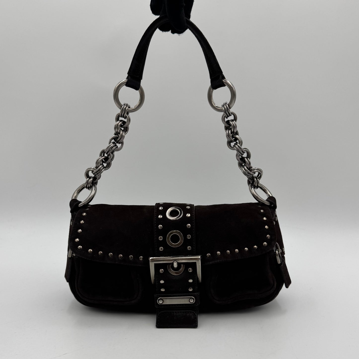Prada Dark Brown Suede Studded Sidonie Flap Baguette